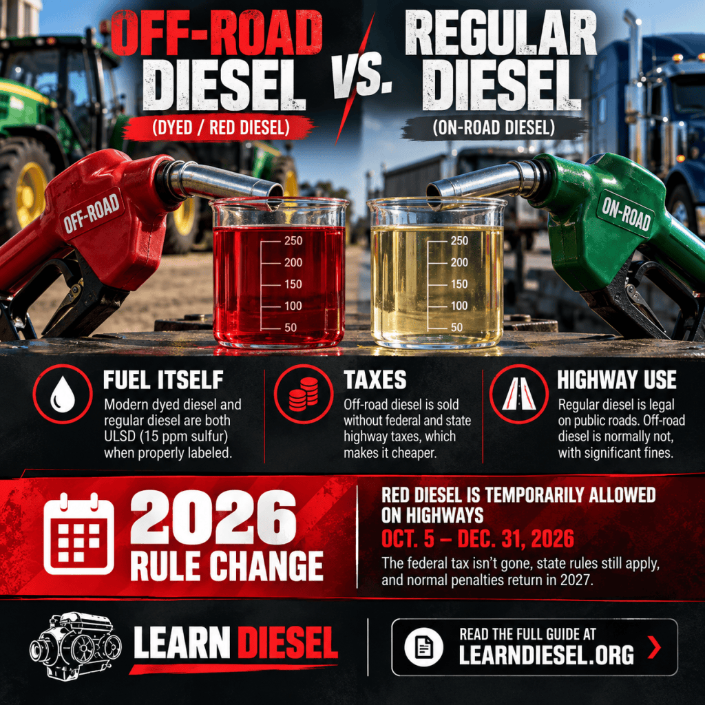Off-road dyed red diesel vs. regular on-road diesel comparison, with the 2026 rule change