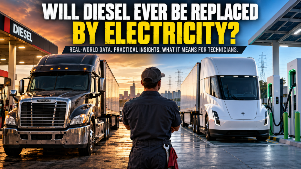 A Freightliner diesel truck at a diesel pump and an electric Tesla Semi at a charger, with a technician standing between them